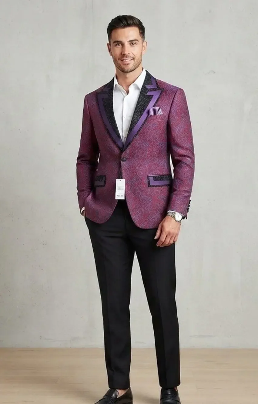 Ziggler Milano Mens Tuxedo Suit Blazer Pants Paisley Red Blue US 46 EU 56 T10